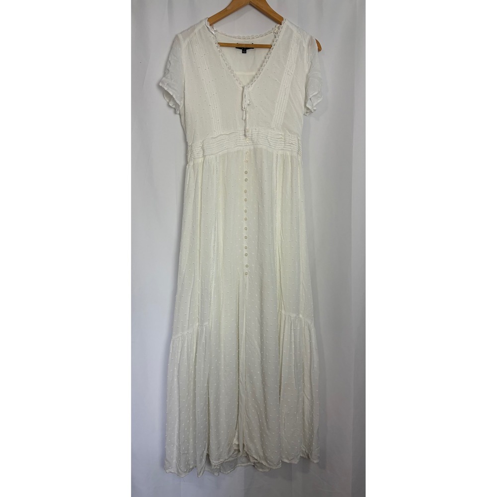 Lulus White Swiss Dot Maxi Dress Cottagecore Button Front Boho Lace Trim Large